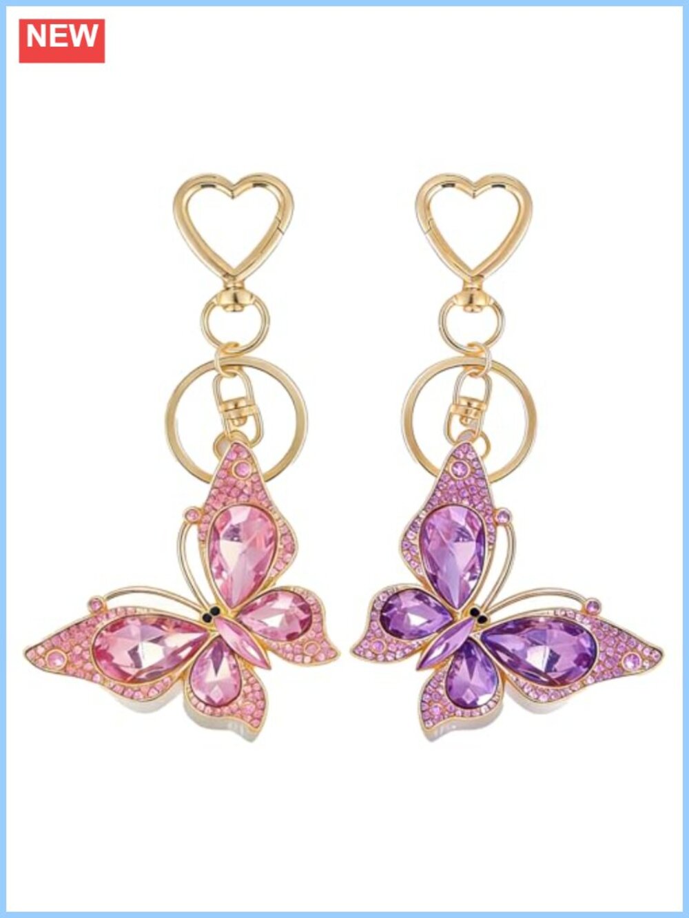 Rhinestone Butterfly Keychain Set 2pc Zinc Alloy Bag Charm Heart Clip